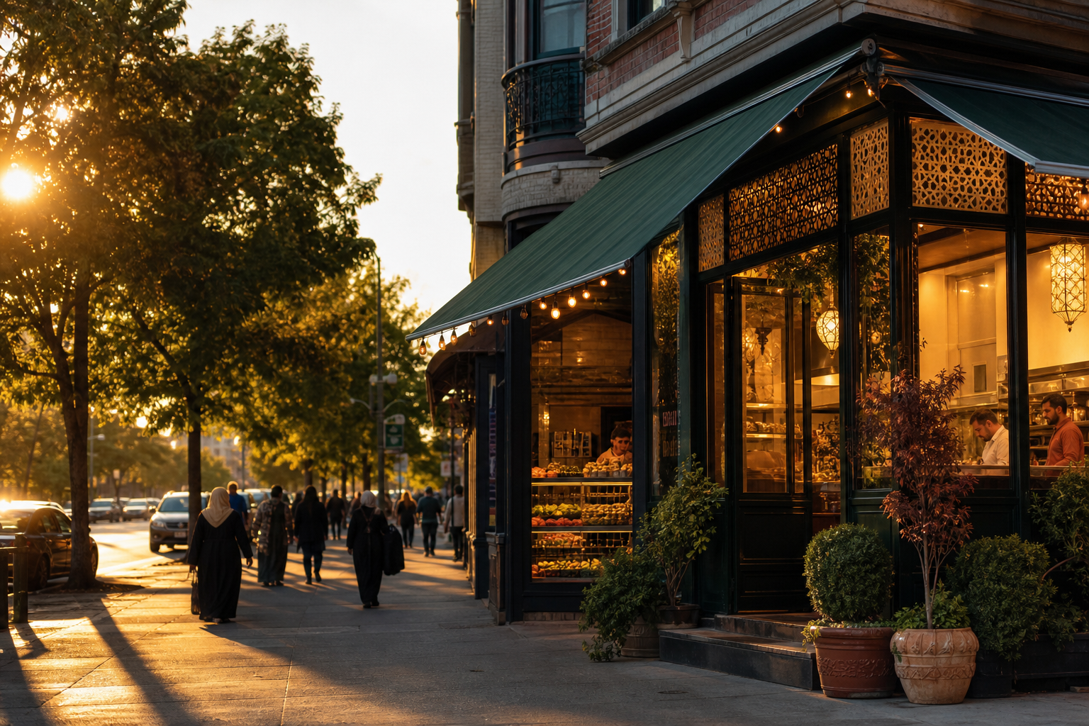 A warm New York neighborhood street at golden hour